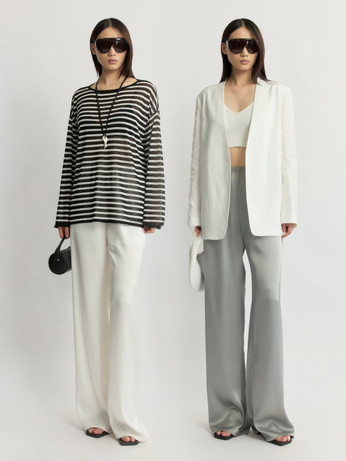 Japanese Triacetate Luminous Double-Satin Wide-Leg Pants - Elastic Waist Airy Draped Trousers