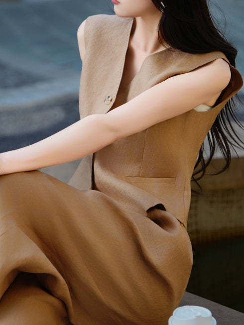 Old Money 100% Linen Vest & Wide-Leg Trousers Set – Coffee Brown Tailored Two‑Piece Outfit