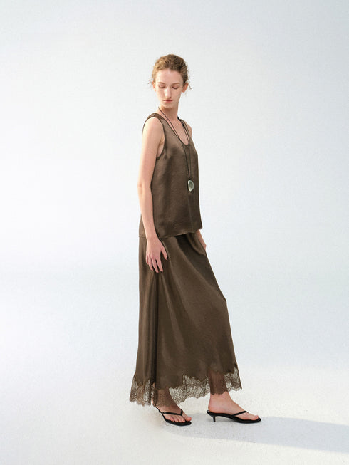 Acetate Satin U-Neck Tank & Lace-Trim Bias-Cut Maxi Skirt Set – Minimalist Luxury Slip Ensemble