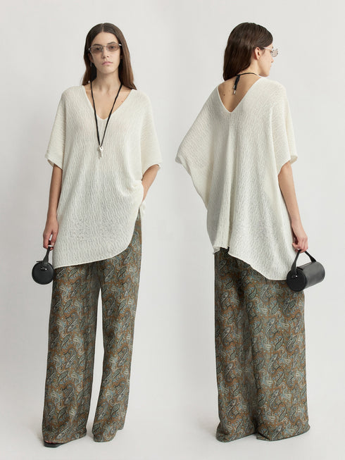 Washi Silk-Cotton Knit Tunic T-Shirt – Relaxed Openwork V-Neck Luxe Summer Top