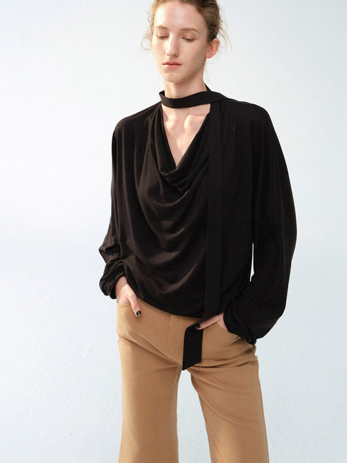 Lyocell Acetate Linen Draped Cowl-Neck Tie Blouse – Relaxed Minimalist Long Sleeve Top