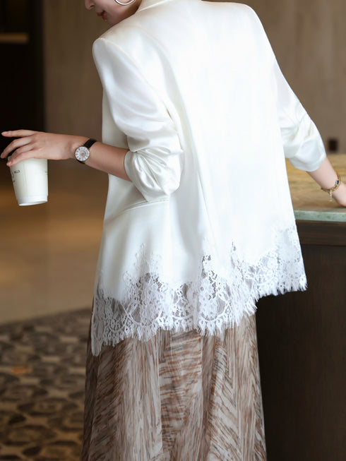 Luxury White Acetate Lace-Trim Blazer – Elegant Tailored Women’s Statement Jacket
