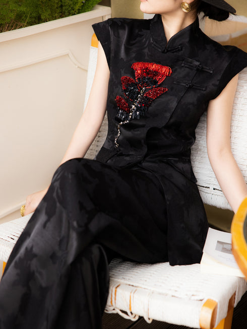 Luxury Beaded Jacquard Mandarin-Collar Vest & Wide-Leg Pants Set – Vintage Inspired Two-Piece Suit