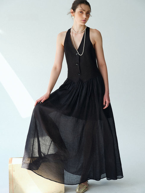 Pure Linen Slub-Texture Halter Waistcoat Maxi Dress – Old Money Summer Statement Dress
