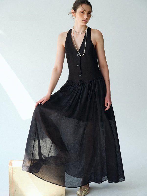 Pure Linen Slub-Texture Halter Waistcoat Maxi Dress – Old Money Summer Statement Dress