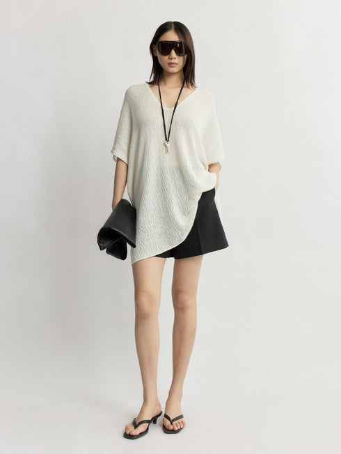 Washi Silk-Cotton Knit Tunic T-Shirt – Relaxed Openwork V-Neck Luxe Summer Top