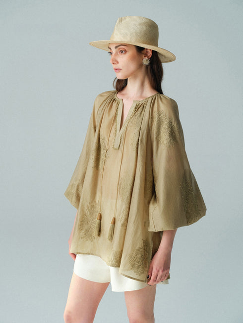 Heavy Embroidered Lyocell V-Neck Blouse – Lantern Sleeve Tassel Top