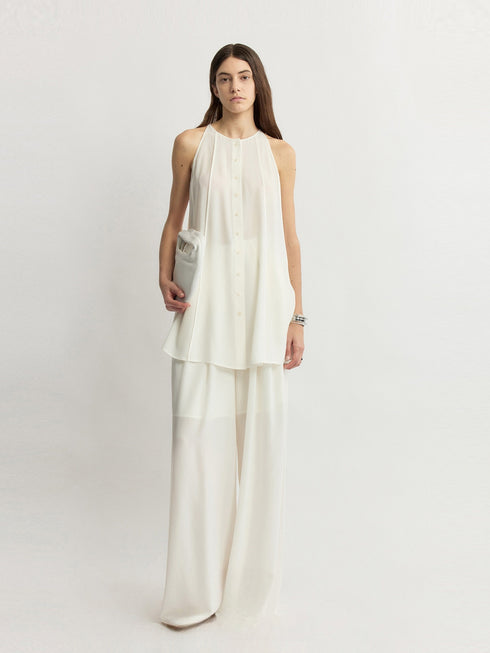 Luxury Acetate Sheer Pleated Top & Wide-Leg Pants Set – Quiet Luxury Fluid Resort Ensemble