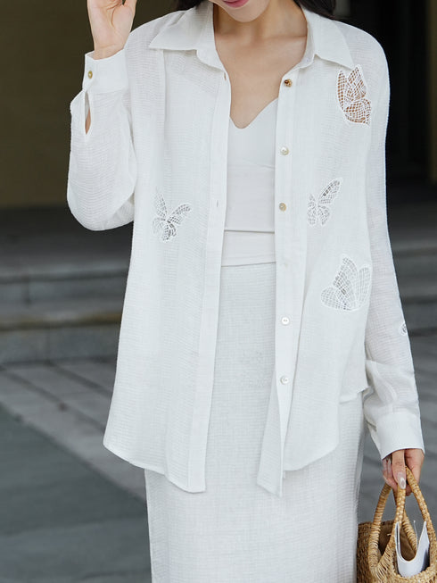 French Vintage Linen Embroidered Shirt & Lace Maxi Skirt Set – Luxury Butterfly Cutwork Summer Ensemble
