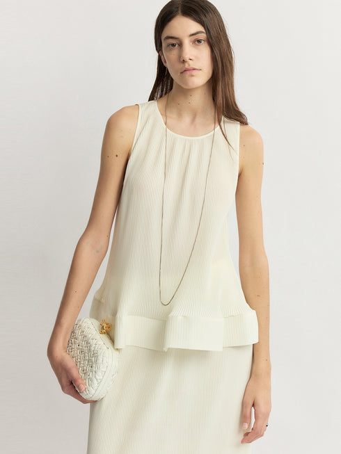Miyake-Inspired Pleated Petal Sleeveless Top & Midi Skirt Set – Vanilla Cream Sculptural Ensemble