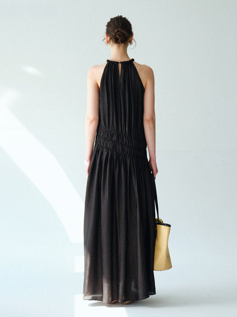 Pearlescent Acetate Braided Halter Maxi Dress – Hand-Smoked Sleeveless Resort Gown