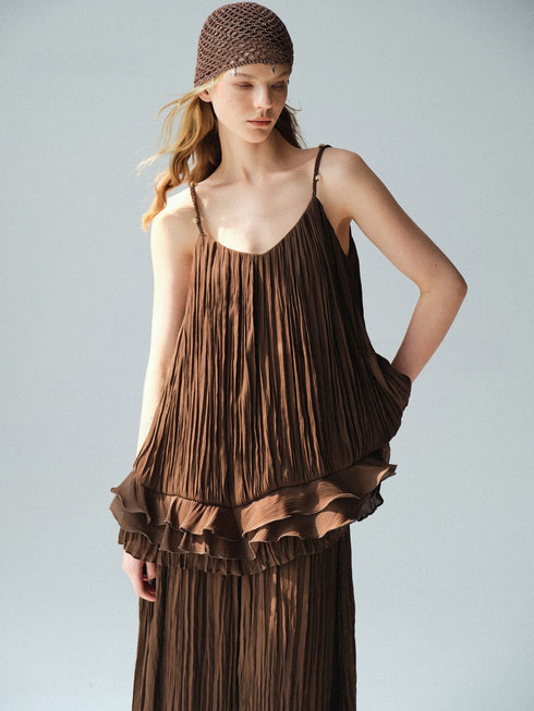 Pearlescent Crinkled Silk-Feel Camisole & A-Line Maxi Skirt Set – Braided V-Neck Resort Occasion Ensemble
