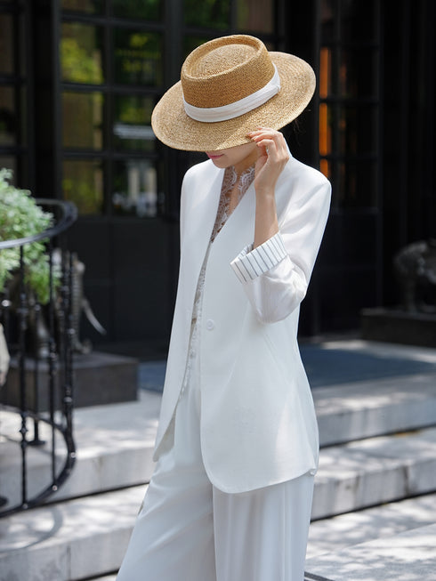 Collarless Acetate Tailored Blazer – Minimalist Spring Summer Office Jacket with Lace Camisole