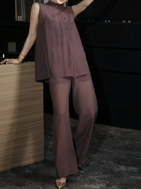 Minimalist Sheer Cotton Sleeveless Top & Wide-Leg Pants Set – Lightweight Breathable Summer Suit