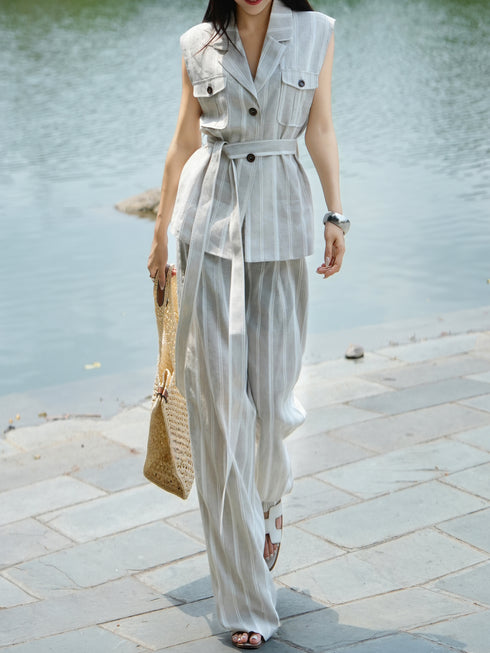 Old Money Linen Striped Vest & Wide-Leg Pants Set – Belted Sleeveless Blazer and Tailored Summer Suit
