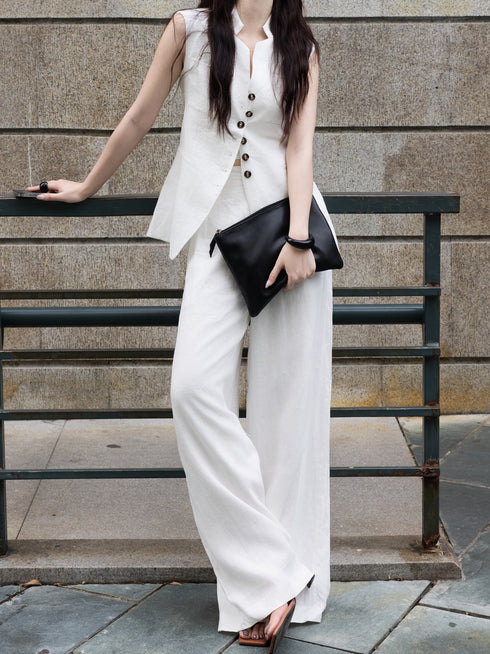 White Linen Rose Embroidered Vest & Wide-Leg Pants Set – Minimalist Tailored Summer Suit