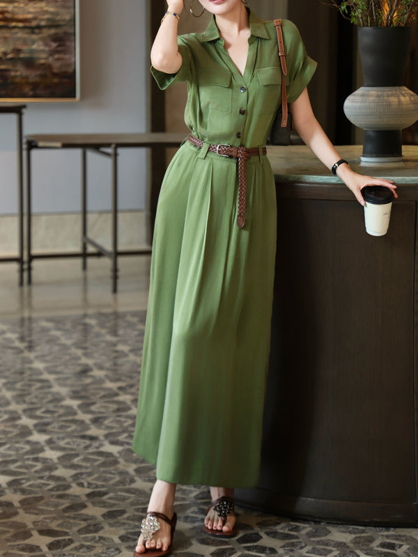Luxury Cupro Utility Shirt Maxi Dress – Elegant Belted Workwear-Inspired Long Dress