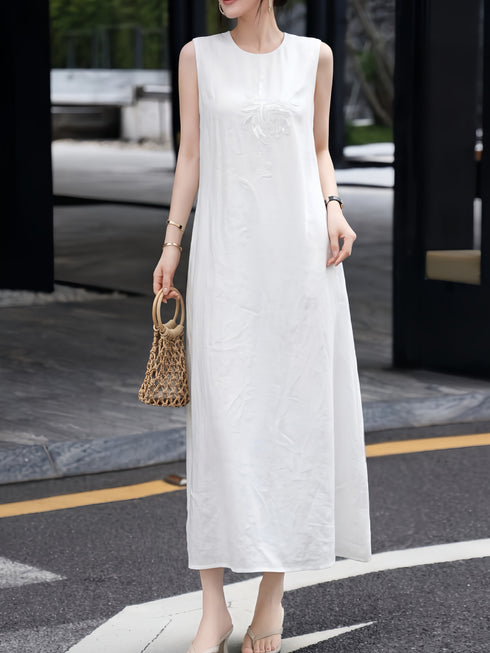 Minimalist Linen Embroidered Sleeveless Maxi Dress – Elegant One‑Piece Summer Linen Dress