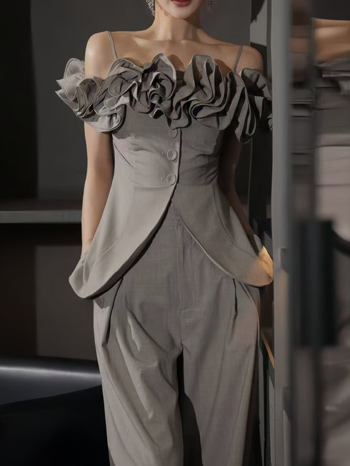 Off-Shoulder Ruffle Sculpted Top & Wide-Leg Pants Set – Designer Draped Two-Piece Ensemble