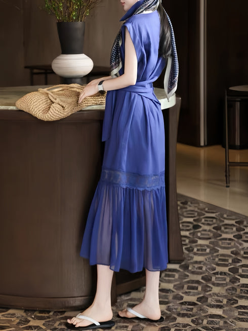 French Elegant Tie-Waist Shirt Dress – Lace Hem Midi Mermaid Dress with Scarf Detail
