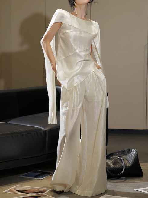 French Elegant Draped Cape Top & Wide-Leg Pants Set – Luxury Minimalist Statement Two-Piece