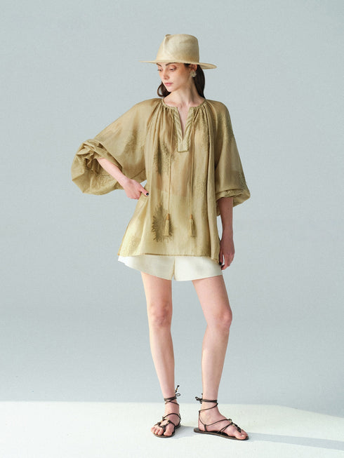 Heavy Embroidered Lyocell V-Neck Blouse – Lantern Sleeve Tassel Top