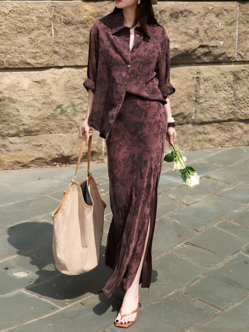 Vintage Jacquard Cupro Shirt & High-Waist Slit Skirt Set – Elegant Long Sleeve Blouse Two‑Piece