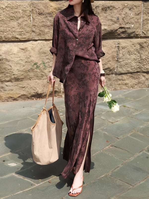 Vintage Jacquard Cupro Shirt & High-Waist Slit Skirt Set – Elegant Long Sleeve Blouse Two‑Piece