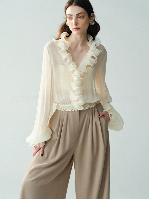 Luxury Cupro-Blend 3D Fan-Ruffle V-Neck Blouse – Sheer Statement Top