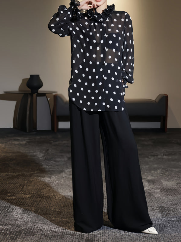 French Elegance Polka Dot Ruffle Blouse & Wide-Leg Pants Set – Effortless Spring Summer Statement Suit
