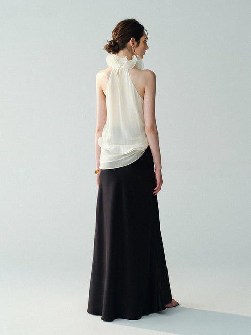 Luxury Cupro-Blend 3D Ruffle Halter Top – Sleeveless Couture Statement Blouse