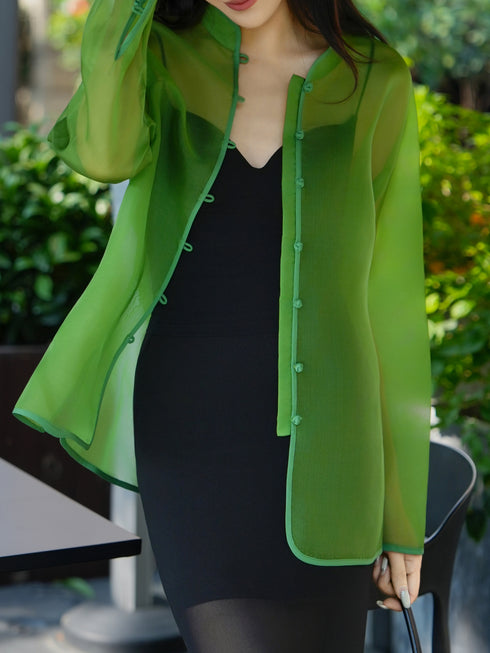 100% Mulberry Silk Sheer Mandarin Collar Sun-Protective Blouse – Lightweight Summer Layer