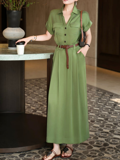Luxury Cupro Utility Shirt Maxi Dress – Elegant Belted Workwear-Inspired Long Dress