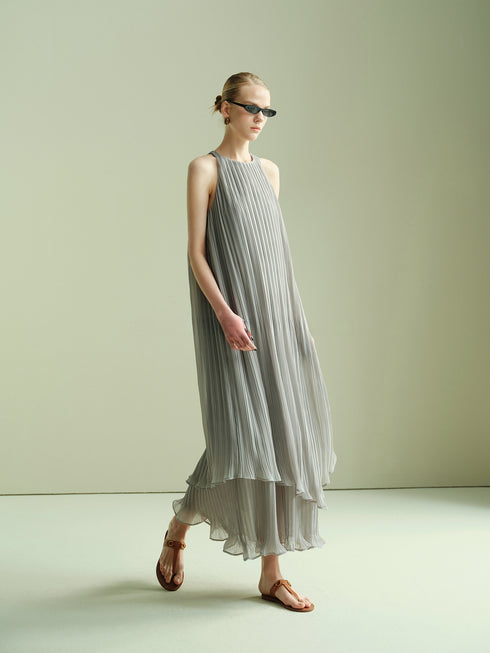 Pleated Halter Maxi Dress – Sculptural Accordion Pleats Double-Layer Ruffle Hem Summer Dress
