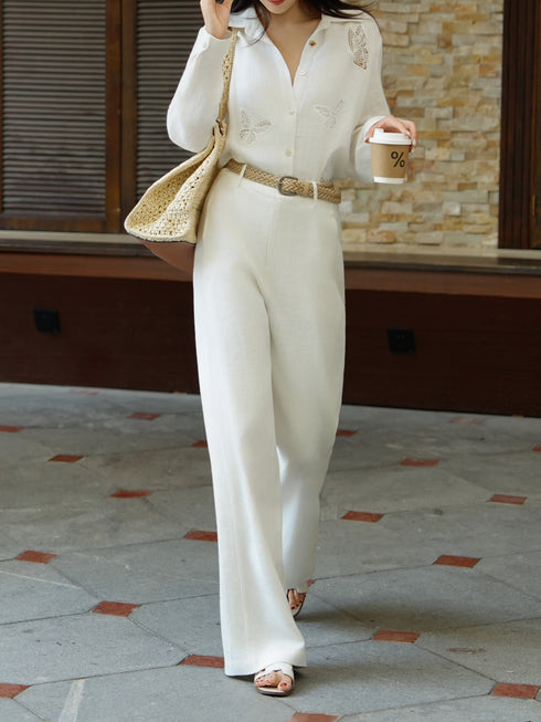 Quiet Luxury 100% Linen Butterfly Embroidered Shirt & Tie‑Waist Pants Set – Elegant Old‑Money Summer Outfit