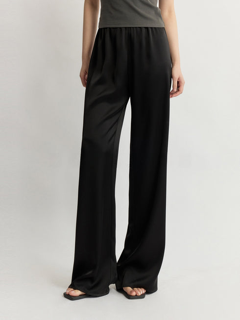 Japanese Triacetate Luminous Double-Satin Wide-Leg Pants - Elastic Waist Airy Draped Trousers