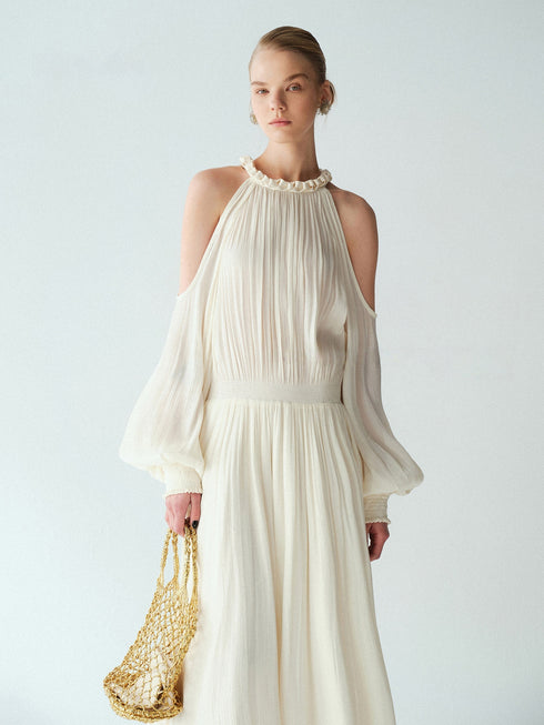 Luminous Muse Glossy Island Silk Halter Neck Cutout-Shoulder Pleated Maxi Dress