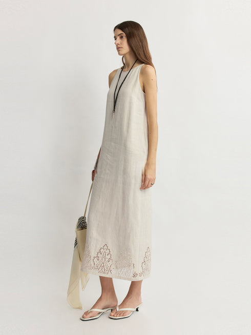 French-Imported Dew-Ramie Cutwork Embroidered Linen Midi Dress