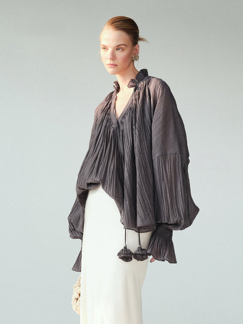 Lyocell‑Blend Pleated V‑Neck Ruffle Blouse – Sheer Lantern Sleeve Statement Top