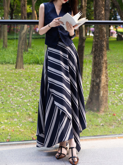 Old-Money Linen Vest & Striped Draped Skirt Set – Elegant Resort Tailored Two‑Piece