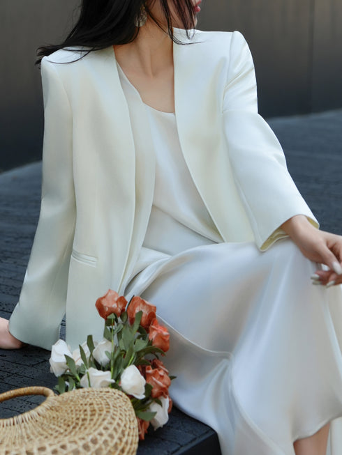 Champagne Acetate Slip Dress & Tailored Blazer Set – Elegant Minimalist Workwear Suit