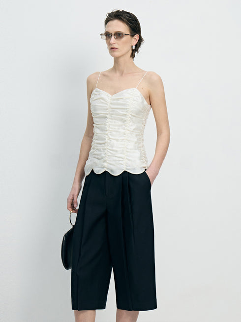Handcrafted Tussah Silk Ruched V-Neck Camisole Top – Slimming Sculpted Luxury Tank