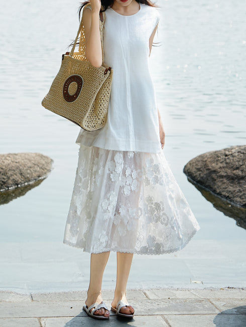 Minimalist Linen & Floral Lace Patchwork Midi Dress – Elegant Sleeveless Summer Dress