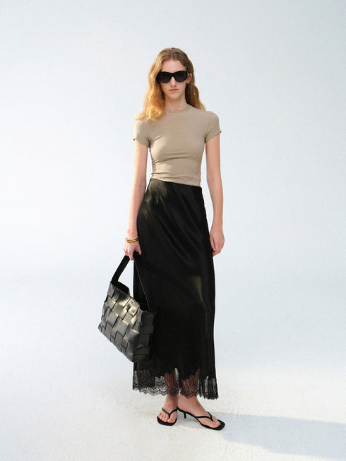 Acetate Satin Bias-Cut Lace Hem Midi Skirt – Luxury Fluid Draped Slip Skirt