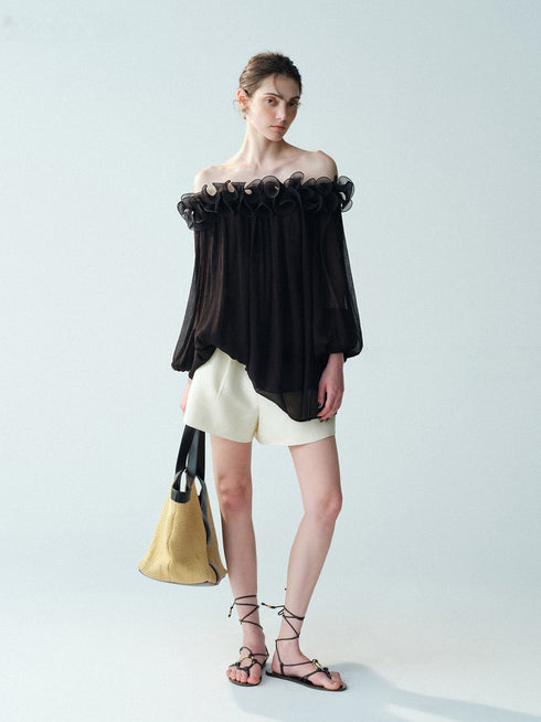 Cupro-Blend 3D Floral Off-Shoulder Blouse – Sheer Lantern Sleeve Couture Top