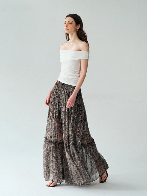 Vintage Off-Shoulder Lantern Sleeve Chiffon Top & Tiered Maxi Skirt Set – Bohemian Vacation Beaded Halter Detail