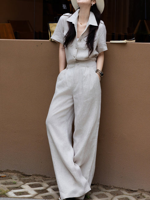 Women's Luxury Linen Two‑Piece Set – Short Sleeve Safari Shirt & Wide‑Leg Trousers