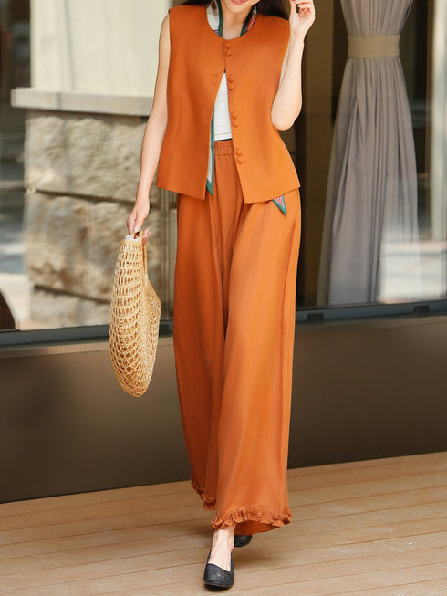 Old-Money Linen-Blend Vest & Wide-Leg Pants Set with Silk Scarf – Sleeveless Tailored Three‑Piece Outfit