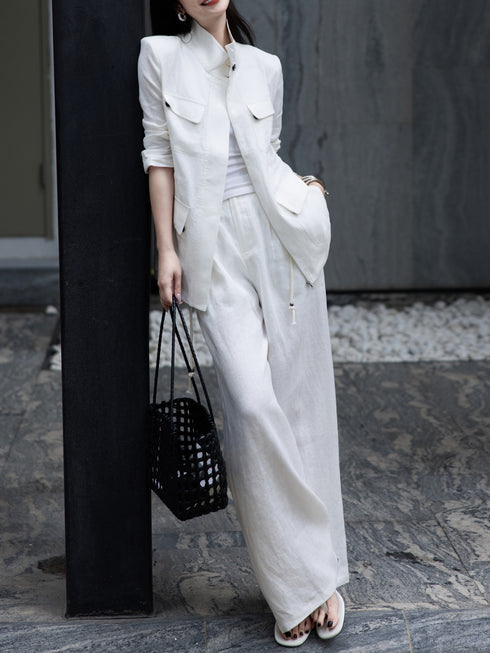 Luxury 100% Linen Utility Jacket & Wide-Leg Pants Set – Quiet Luxury Tailored Workwear Suit