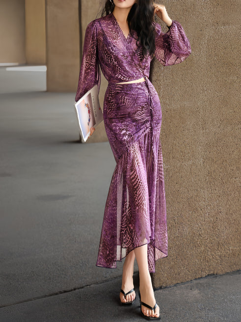 French Elegant Leopard Print Puff Sleeve Wrap Top & Mermaid Skirt Set – Luxe Waist-Cinching Two-Piece Dress